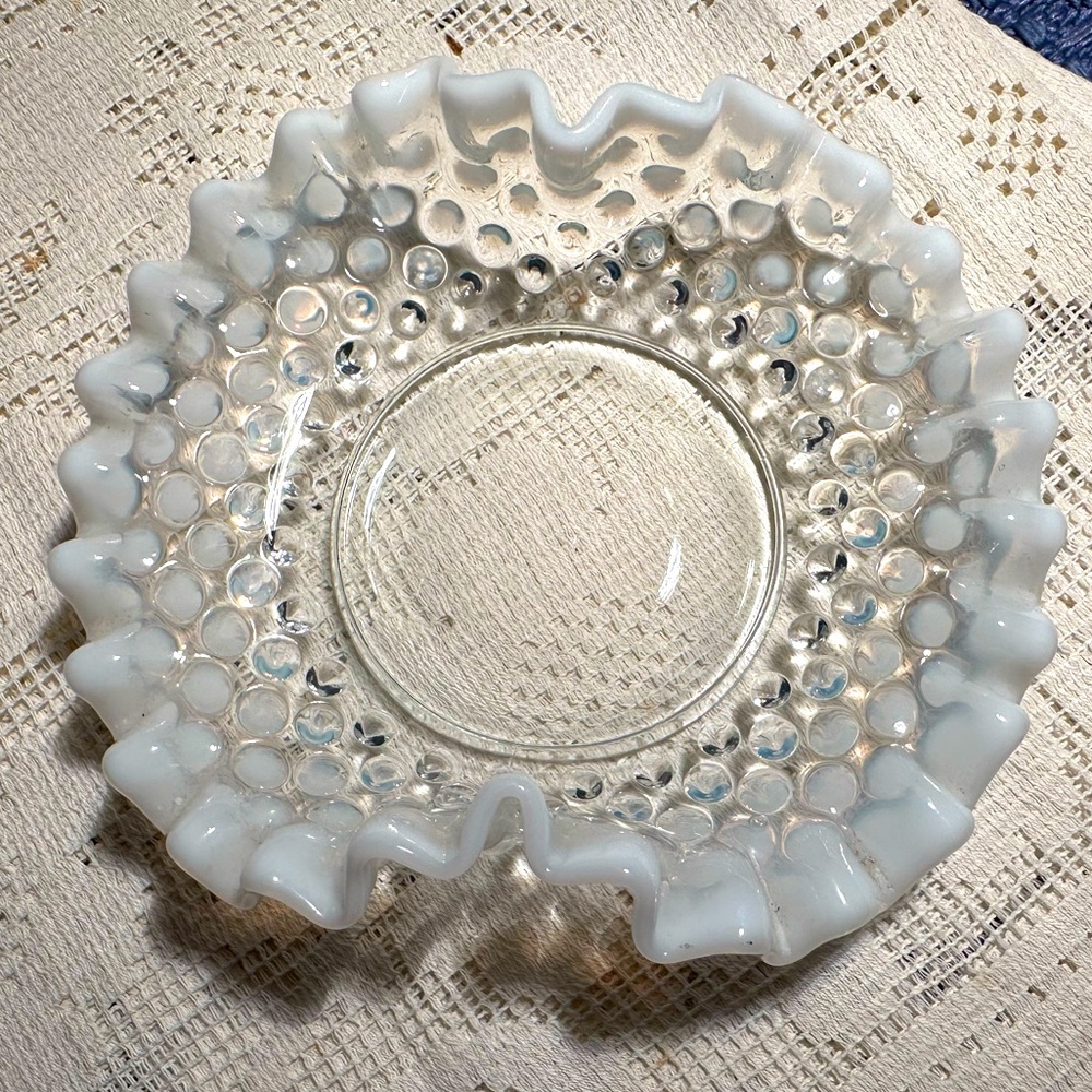Fenton Moonstone Opalescent Hobnail Candy Dish Ruffled Edge Vintage